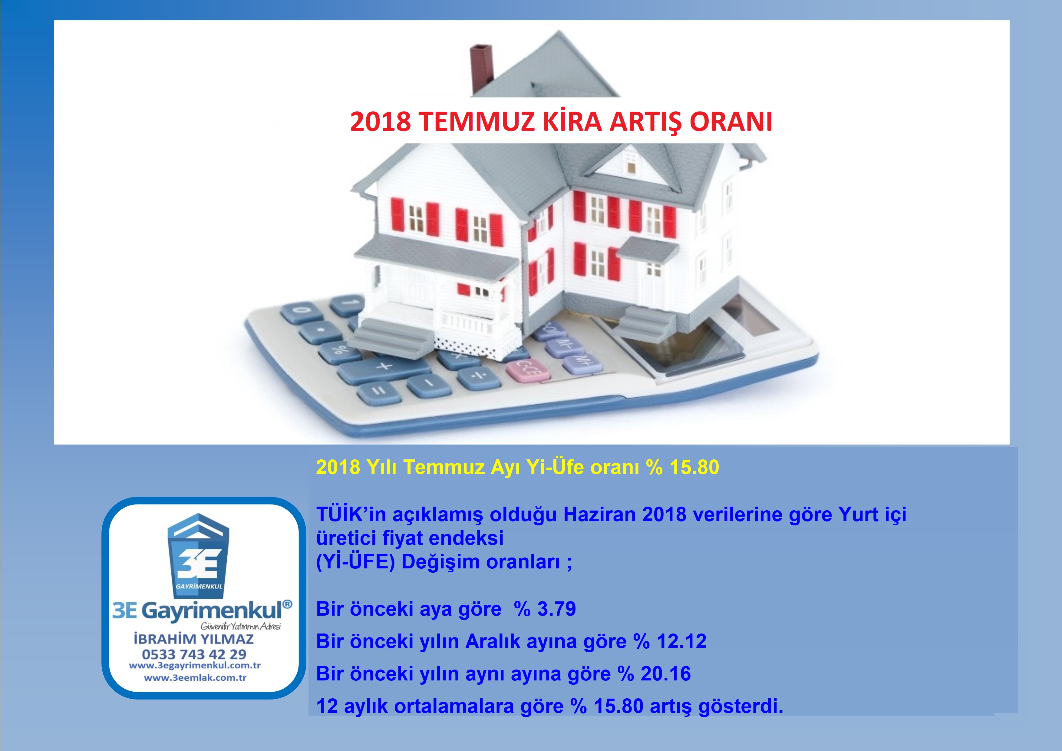 2018 Yılı Temmuz ayı Kira artış oranı (TÜİK - ÜFE) 03.07.2018