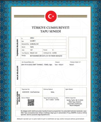 ORDU ULUBEY MÜSTAKİL EV TAPU SAHİBİ PERTA EMLAK ÜMİT TAHMAZ