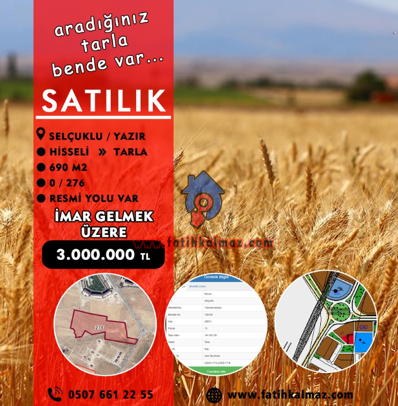 Konya / Selçuklu / Satılık Tarla Yazır Mah. Hisseli 690 M2