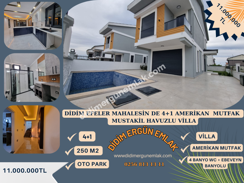 DİDİM EFELLER MAHALESİNDE SATILIK  LÜX 4+1 MÜSTAKİL HAVUZLU VİLLA (EK : 1092 )