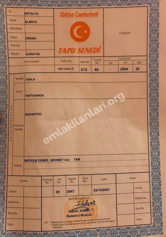 ALANYA ORHANKÖY'DE SAHİBİNDEN ACİL SATILIK 2994 M2 TARLA!!!