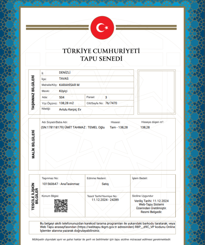 DENİZLİ TAVAS MÜSTAKİL EV TAPU SAHİBİ PERTA EMLAK ÜMİT TAHMAZ