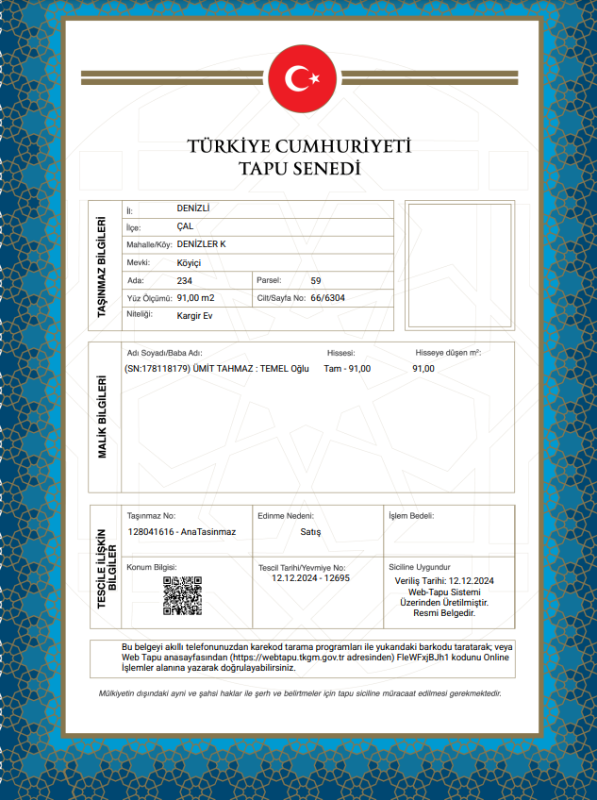 DENİZLİ ÇAL MÜSTAKİL EV TAPU SAHİBİ PERTA EMLAK ÜMİT TAHMAZ
