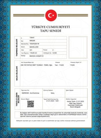 TOKAT NİKSAR MERKEZ de BİNA TAPU SAHİBİ PERTA EMLAK ÜMİT TAHMAZ