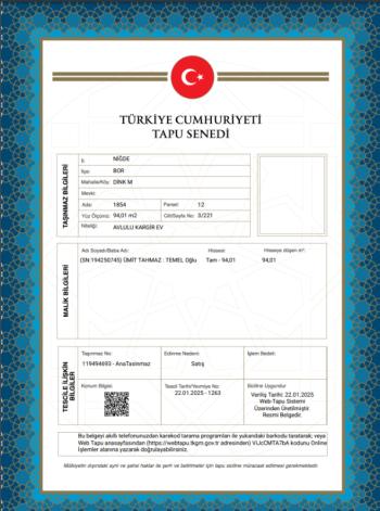 NİĞDE BOR BİNA TAPU SAHİBİ PERTA EMLAK ÜMİT TAHMAZ