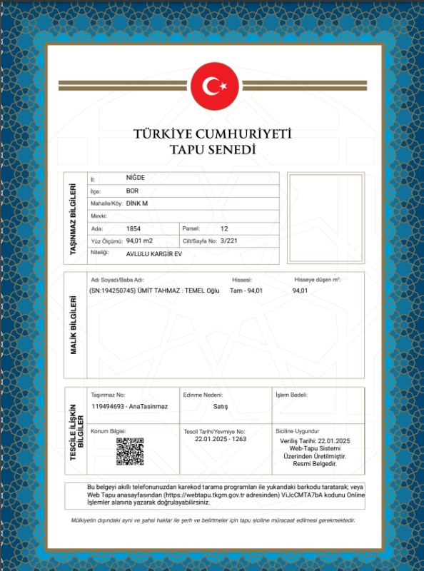 NİĞDE BOR BİNA TAPU SAHİBİ PERTA EMLAK ÜMİT TAHMAZ
