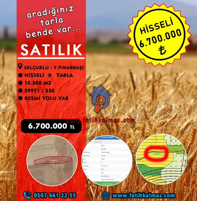 Konya / Selçuklu / Satılık Tarla YukarıPınarbaşı Mah. 10.300 M2 (Hisseli)