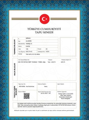 ŞIRNAK ULUDERE MÜSTAKİL EV TAPU SAHİBİ PERTA EMLAK ÜMİT TAHMAZ