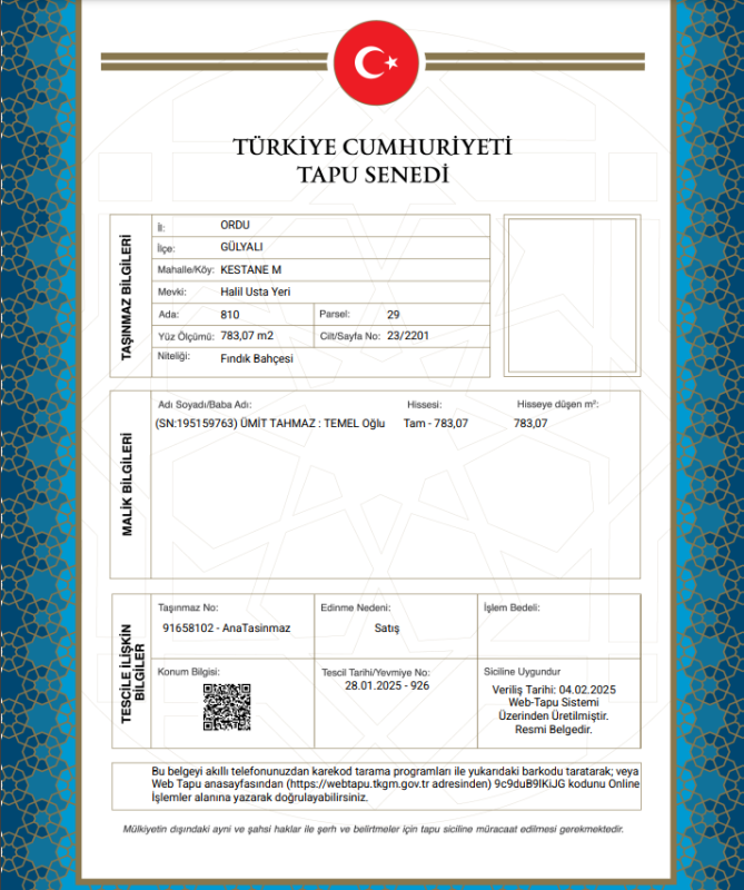 ORDU GÜLYALI ARSA TAPU SAHİBİ PERTA EMLAK ÜMİT TAHMAZ