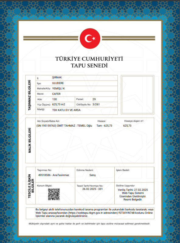 ŞIRNAK ULUDERE MÜSTAKİL EV TAPU SAHİBİ PERTA EMLAK ÜMİT TAHMAZ