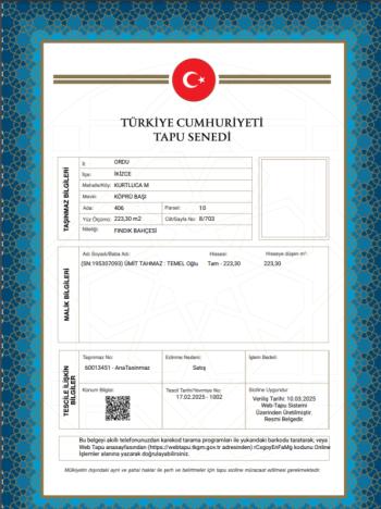 ORDU İKİZCE ARSA TAPU SAHİBİ PERTA EMLAK ÜMİT TAHMAZ
