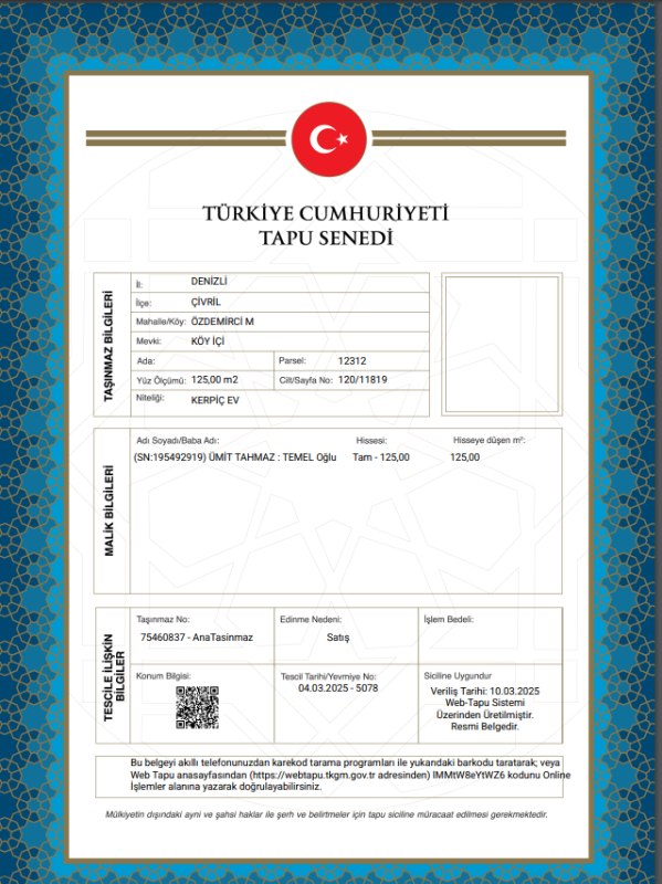 DENİZLİ ÇİVRİL BİNA TAPU SAHİBİ PERTA EMLAK ÜMİT TAHMAZ
