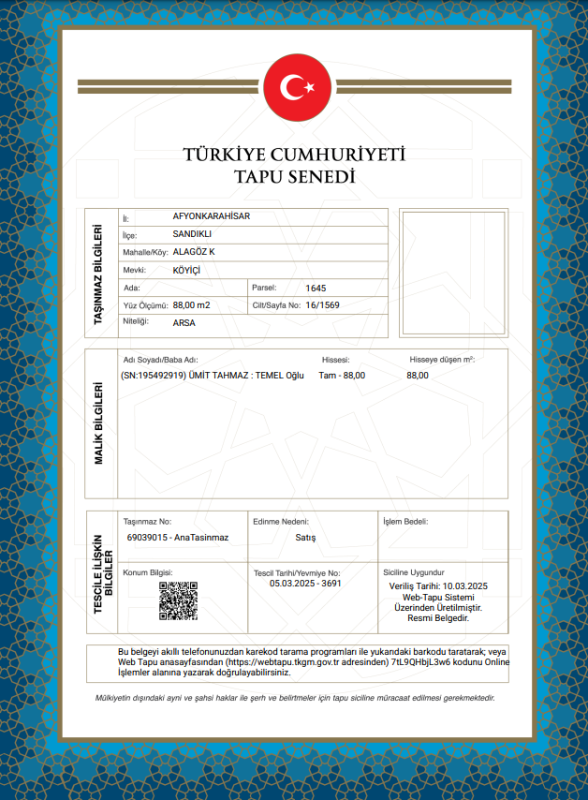 AFYON SANDIKLI MÜSTAKİL EV TAPU SAHİBİ PERTA EMLAK ÜMİT TAHMAZ