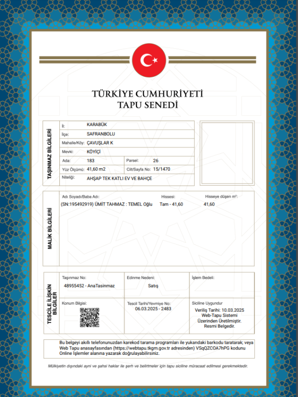 KARABÜK SAFRANBOLU MÜSTAKİL EV TAPU SAHİBİ PERTA EMLAK ÜMİT TAHMAZ