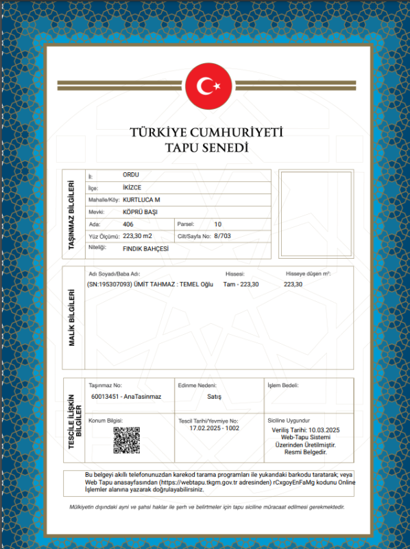 ORDU İKİZCE ARSA TAPU SAHİBİ PERTA EMLAK ÜMİT TAHMAZ