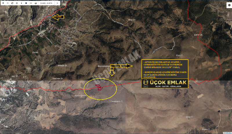 AFYON ÜÇOK EMLAKTAN AYAZİNİ DE SATILIK 10.222M² TARLA