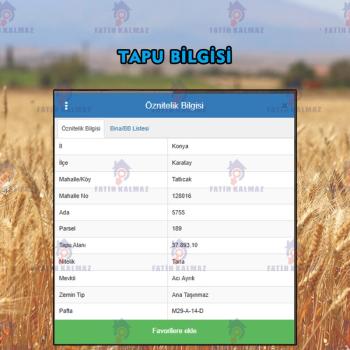 Konya / Karatay / Satılık Tarla Tatlıcak Mah. 37.893 M2 (Müstakil)