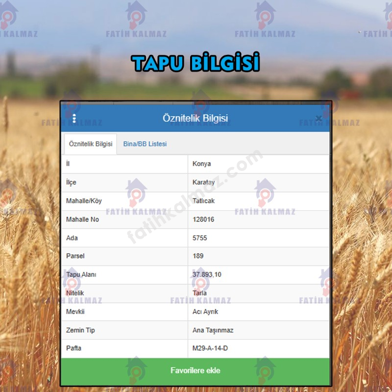 Konya / Karatay / Satılık Tarla Tatlıcak Mah. 37.893 M2 (Müstakil)