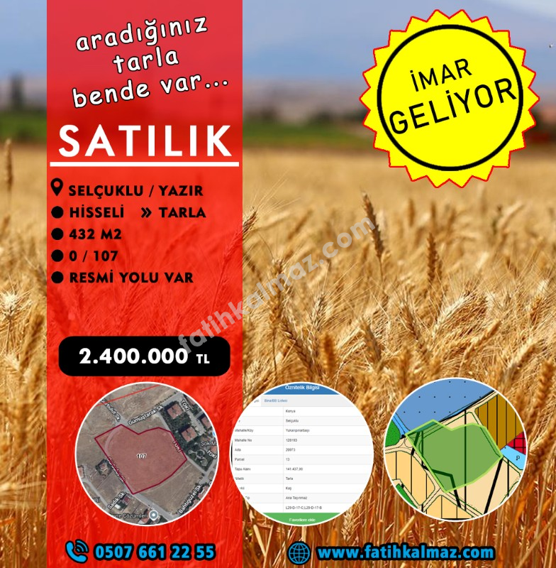 Konya / Selçuklu / Satılık Tarla Yazır Mah. 432 M2 (Hisseli)