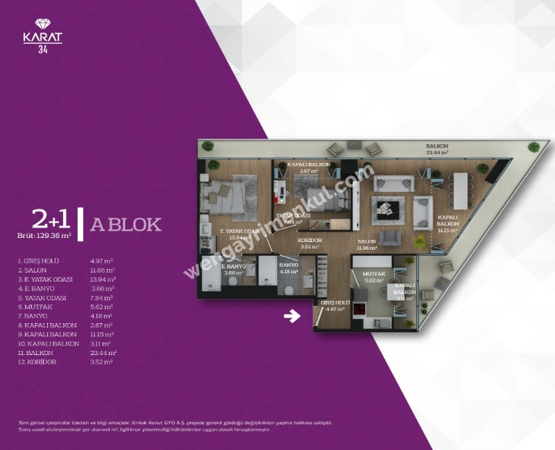 KARAT34 'TE A BLOK 5.KATTA BRÜT 129 M2 ,BÜYÜK TİP 2+1 SATILIK DAİRE