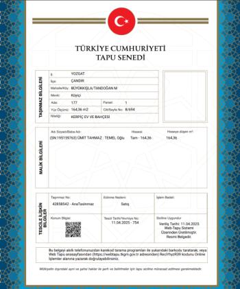 YOZGAT ÇANDIR MÜSTAKİL EV VE AHIR TAPU SAHİBİ PERTA EMLAK