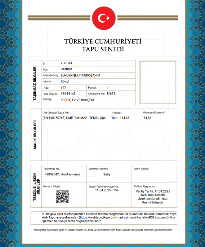 YOZGAT ÇANDIR MÜSTAKİL EV VE AHIR TAPU SAHİBİ PERTA EMLAK