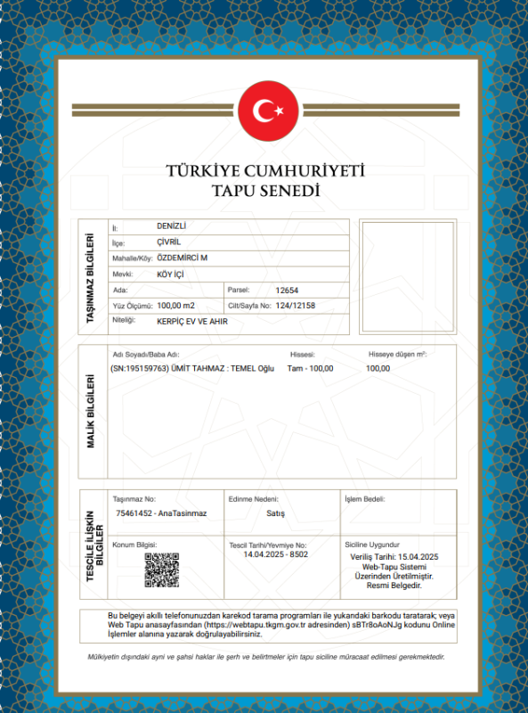 DENİZLİ CİVRİL MÜSTAKİL EV TAPU SAHİBİ PERTA EMLAK ÜMİT TAHMAZ