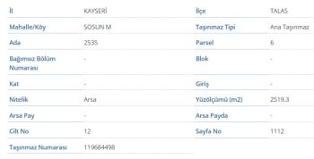 Kayseri Talas Sosun'da satılık arsa