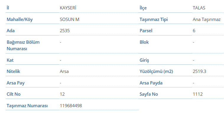 Kayseri Talas Sosun'da satılık arsa