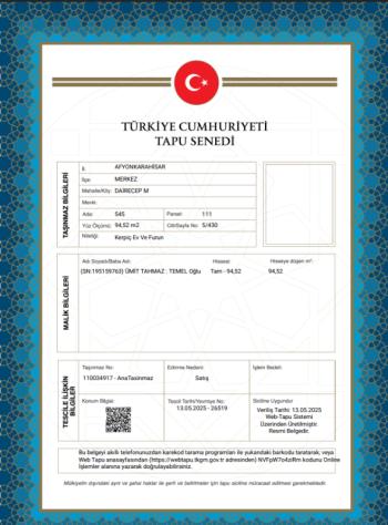 AFYONKARAHİSAR MEKEZ MÜSTAKİL EV TAPU SAHİBİ PERTA EMLAK ÜMİT TAHMAZ