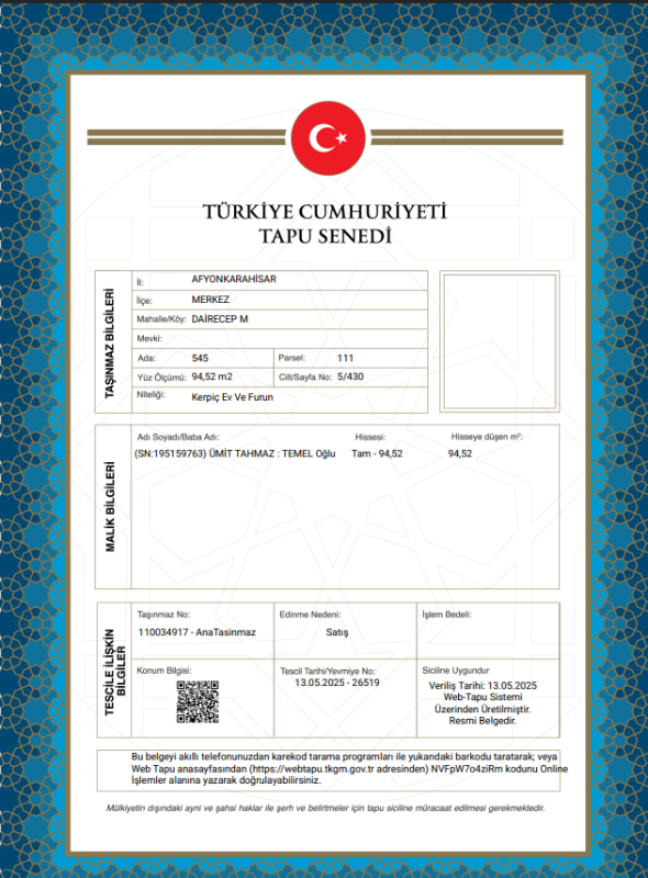AFYONKARAHİSAR MEKEZ MÜSTAKİL EV TAPU SAHİBİ PERTA EMLAK ÜMİT TAHMAZ