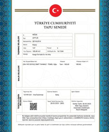 NİĞDE ÇİFTLİK MÜSTAKİL EV TAPU SAHİBİ PERTA EMLAK ÜMİT TAHMAZ