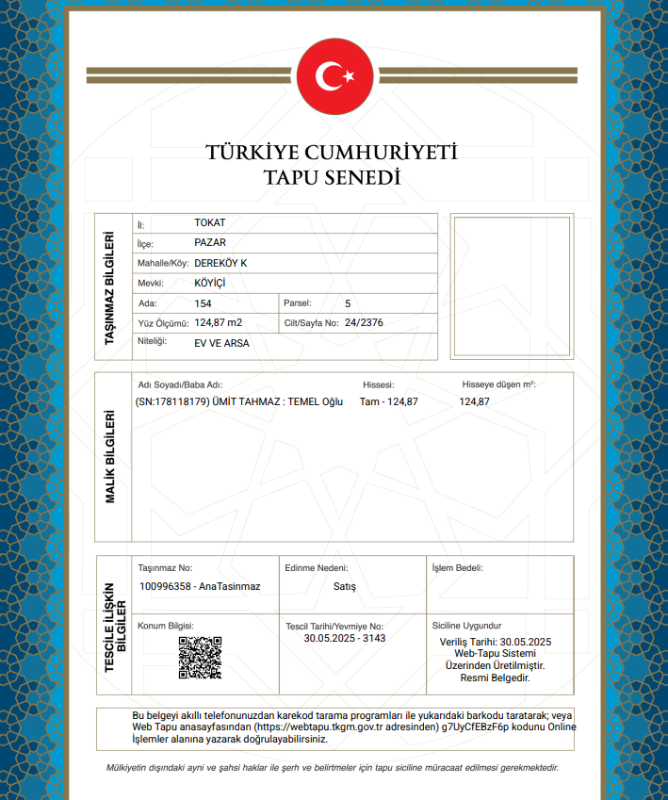 TOKAT PAZAR MÜSTAKİL EV TAPU SAHİBİ PERTA EMLAK ÜMİT TAHMAZ