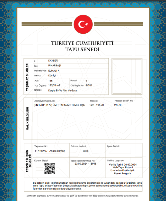 KAYSERİ PINARBAŞI MÜSTAKİL EV TAPU SAHİBİ PERTA EMLAK ÜMİT TAHMAZ
