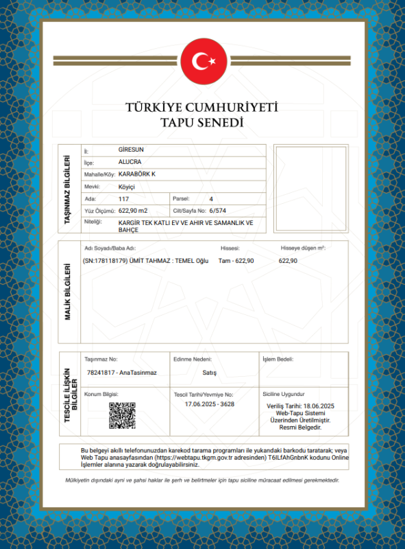 GİRESUN ALUCRA MÜSTAKİL EV TAPU SAHİBİ PERTA EMLAK ÜMİT TAHMAZ