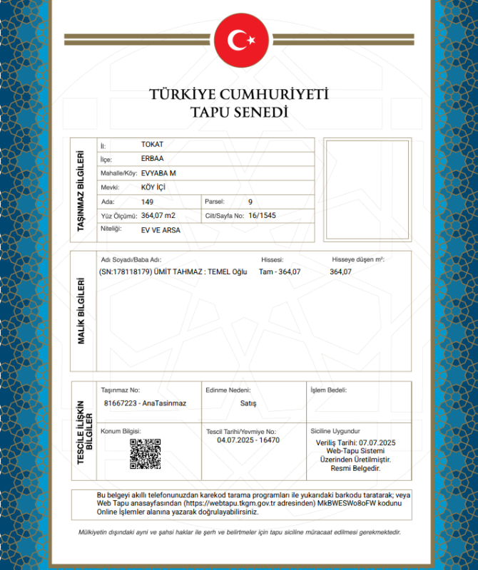 TOKAT ERBAA MÜSTAKİL EV TAPU SAHİBİ PERTA EMLAK ÜMİT TAHMAZ
