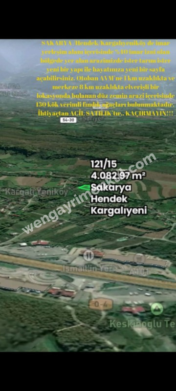 Sakarya Hendek Kargalıyeni Köyü'nde 4082 m² İmarlı Fındık Bahçesi – Yatırımlık Tarla!