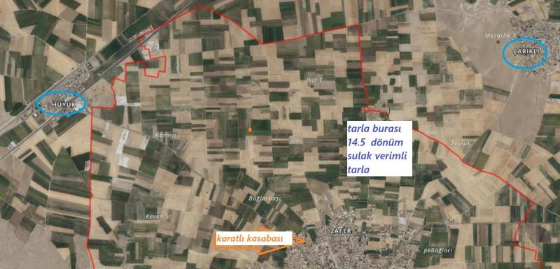 Karatlı  Hüyük  Çarıklı üçgeninde  14.5 dönüm satılık  tarla.