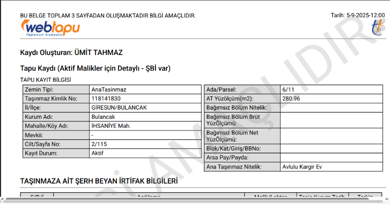 GİRESUN BULANCAK ARSA TAPU SAHİBİ PERTA EMLAK ÜMİT TAHMAZ