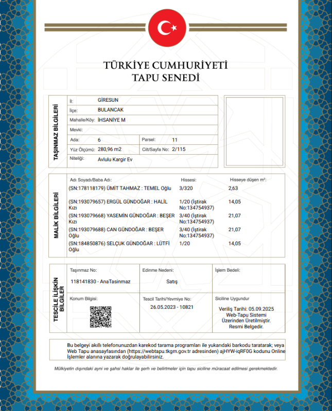 GİRESUN BULANCAK ARSA TAPU SAHİBİ PERTA EMLAK ÜMİT TAHMAZ