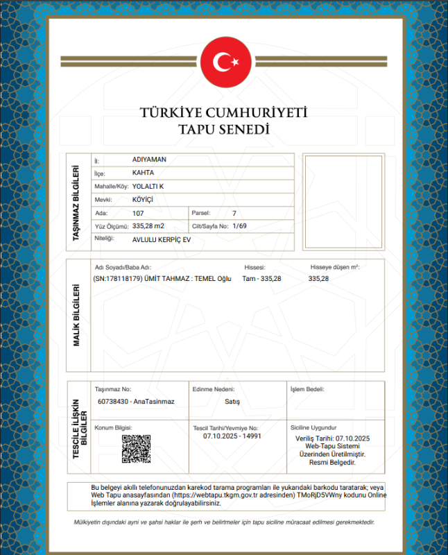 ADIYAMAN KAHTA MÜSTAKİL EV TAPU SAHİBİ PERTA EMLAK ÜMİT TAHMAZ