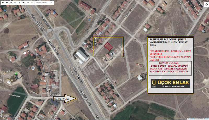 AFYON ÜÇOK EMLAKTAN ŞUHUT YOLU GÜZERGAHI ÜZERİ SATILIK 410M² ARSA