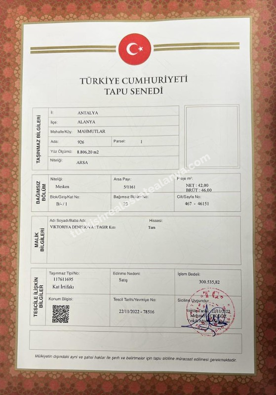 1+1  Apartment for sale in Mahmutlar Alanya 