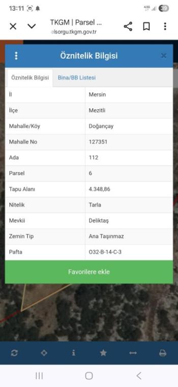ASLAN'DAN MEZİTLİ DOĞANÇAY DA 1087M2 SATILIK CAZİP FİYATLI TARLA