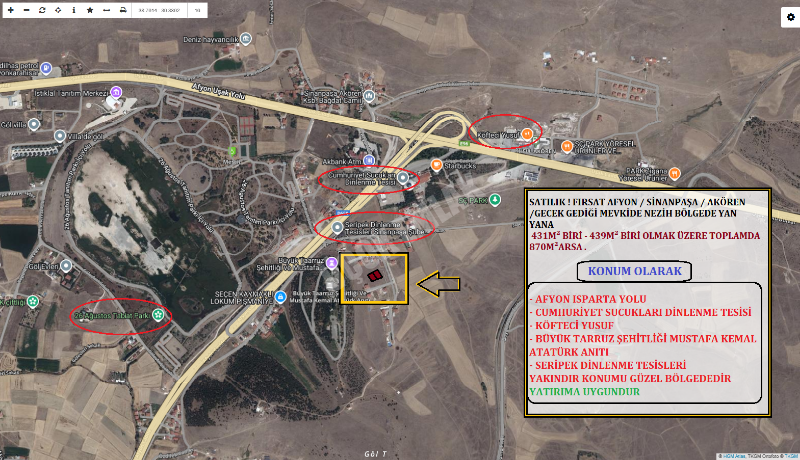 AFYON ÜÇOK EMLAKTAN SİNANPAŞA / AKÖRENDE NEZİH BÖLGEDE SATILIK 870M² ARSA