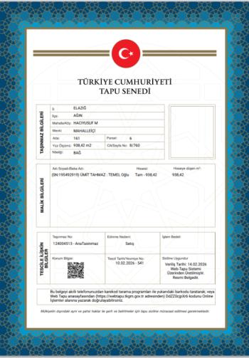 ELAZIĞ AĞIN 1 DÖNÜM ARSA TAPU SAHİBİ PERTA EMLAK ÜMİT TAHMAZ