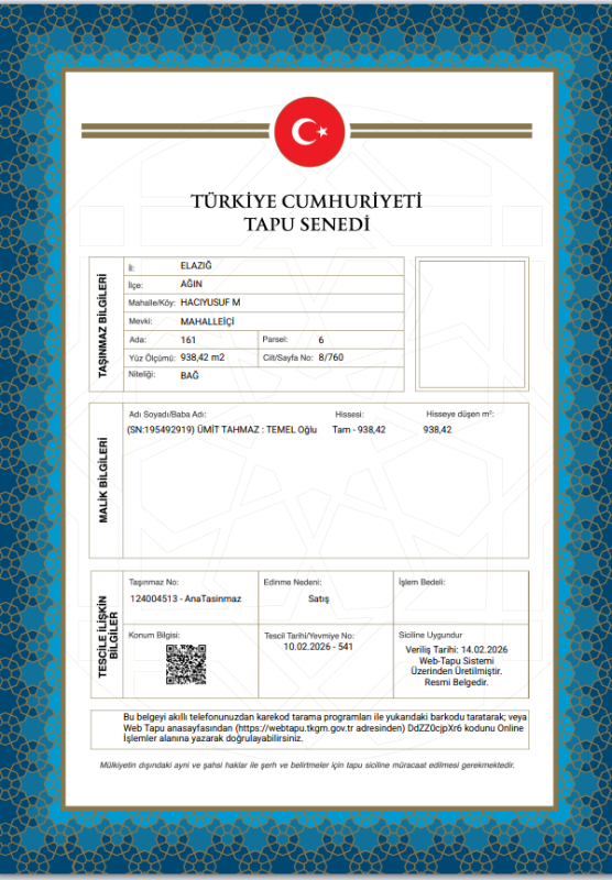 ELAZIĞ AĞIN 1 DÖNÜM ARSA TAPU SAHİBİ PERTA EMLAK ÜMİT TAHMAZ