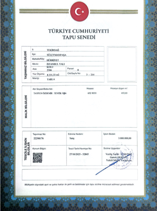 HÜRRİYET KELEPİR ARSA TAPU SAHİBİ PERTA EMLAK ÜMİT TAHMAZ