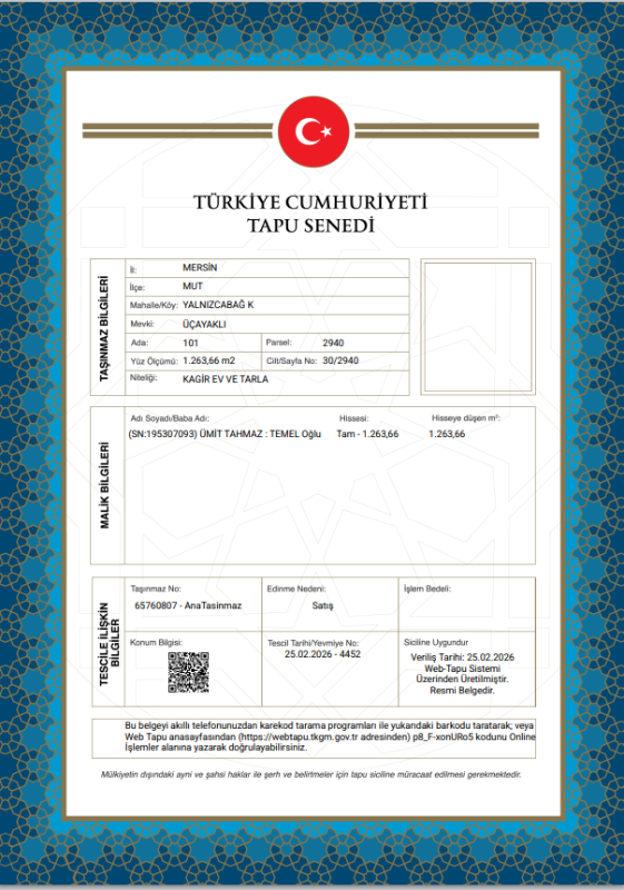 MERSİN MUT MÜSTAKİL EV TAPU SAHİBİ PERTA EMLAK ÜMİT TAHMAZ