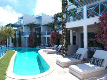 KKTC Girne Lapta'da Santorini Mimarisini Yaşayabileceğiniz Muhteşem Manzaralı Satılık 3+1 Ultra Lüks Tripleks Townhouse